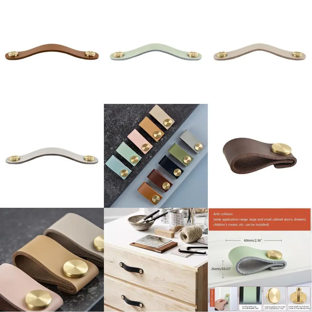 

652F Handmade Leather Pull with Brass Screw Cupboard Cabinet Handle Door Pulls Hardware for Multiple Furnitures Decoration