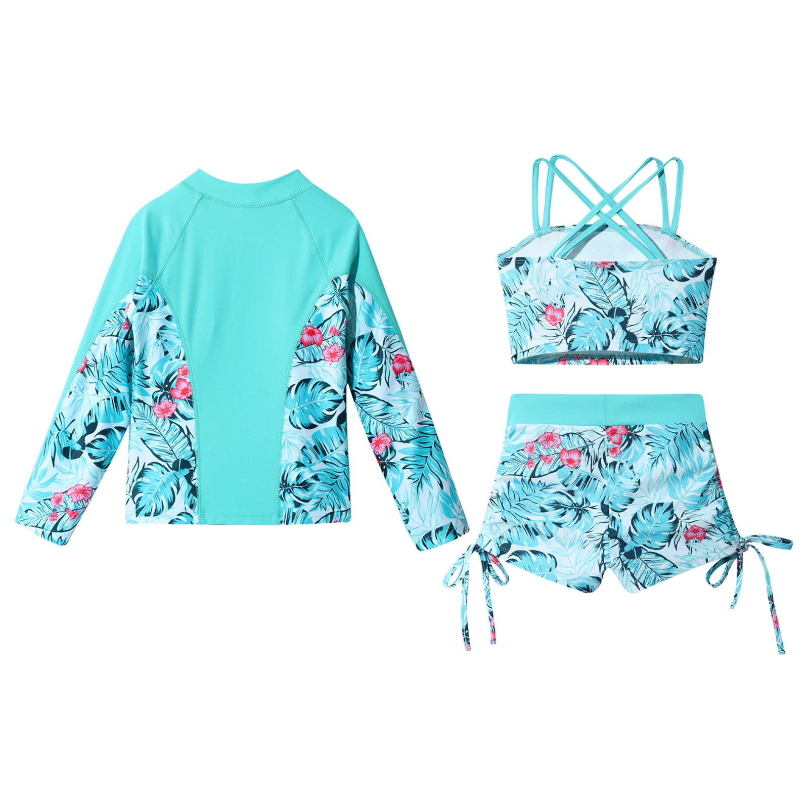 Kids Girls 3 Pcs Sun Protection Swimsuit Set Long Sleeve Front Zipper Coat with Tropical Print Tank Tops Shorts Tankini Outfit