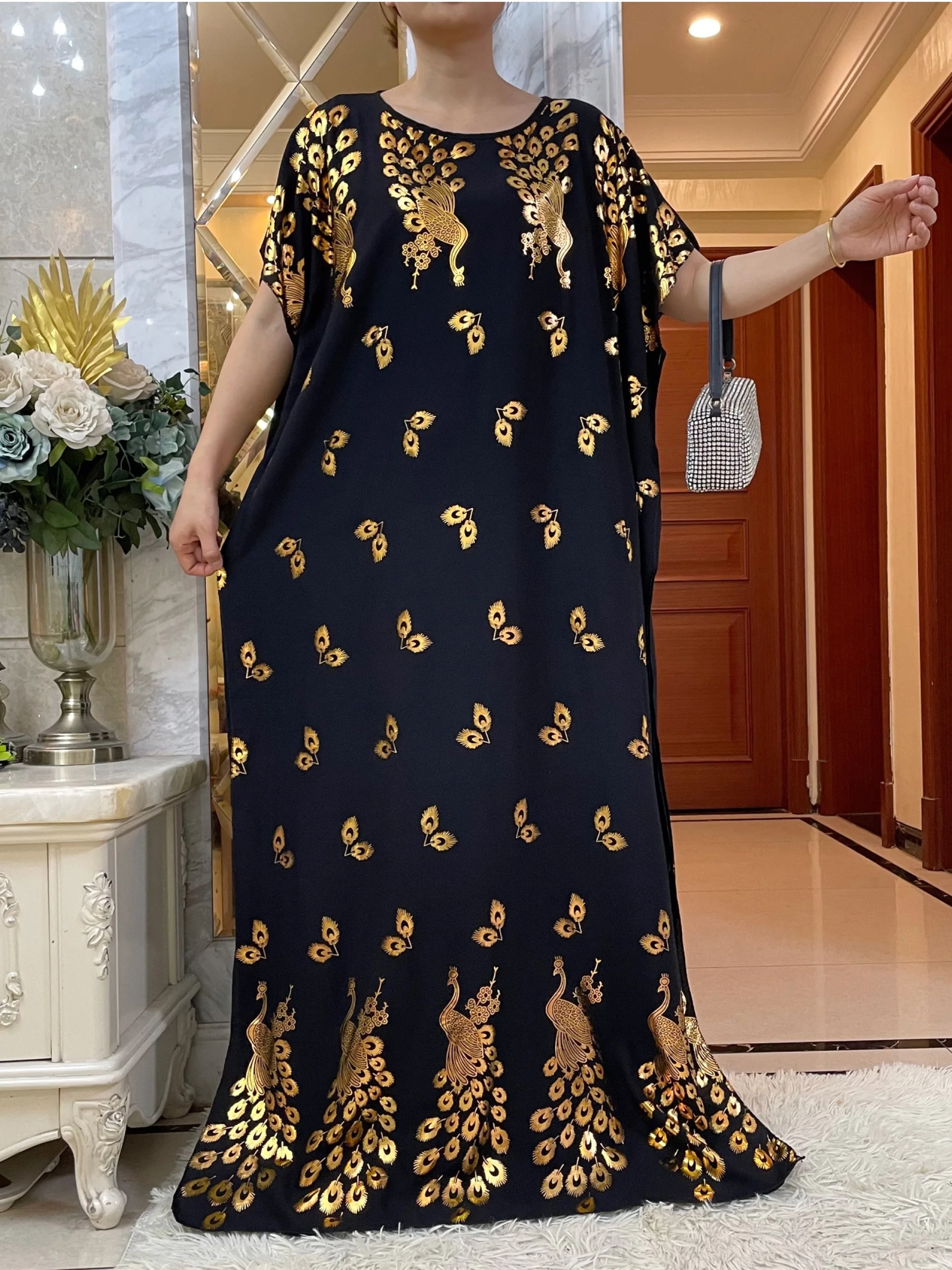 2024 New Summer Loose Short Sleeve Cotton Robe Gold Stamping  Boubou Maxi Islam Femme Dress With Big Scarf African Abaya Clothes