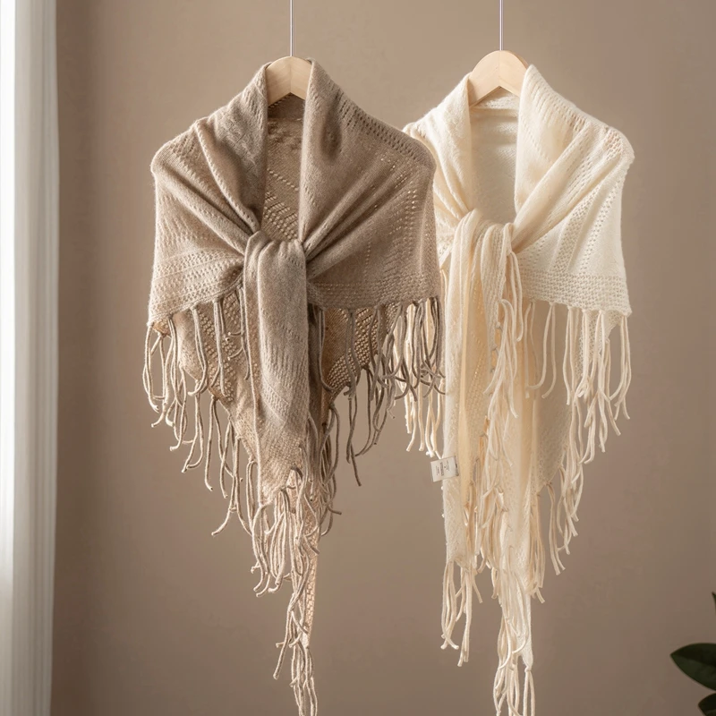 

High-Quality Pure Goat Cashmere Fringed Shawl Female Fashion Hollow Triangle Shawl With Temperament Warm Shawl Scarf 2025 New