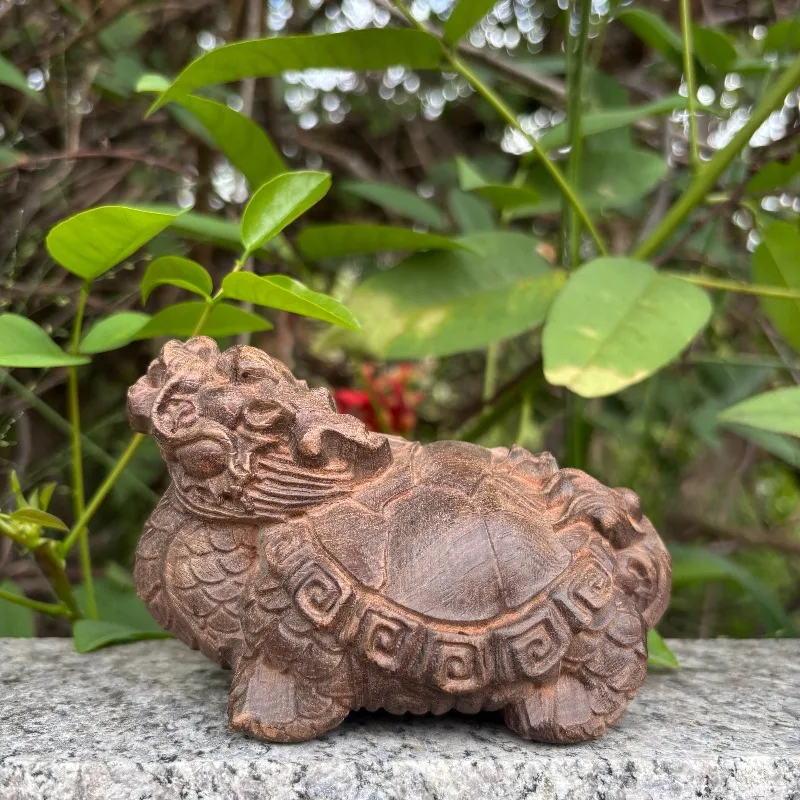 

Hand-Carved Agarwood Dragon Turtle Statue - 4.7"x2.6"x2.8" Wood Carving Feng Shui Decor, Home Living Room Ornaments,