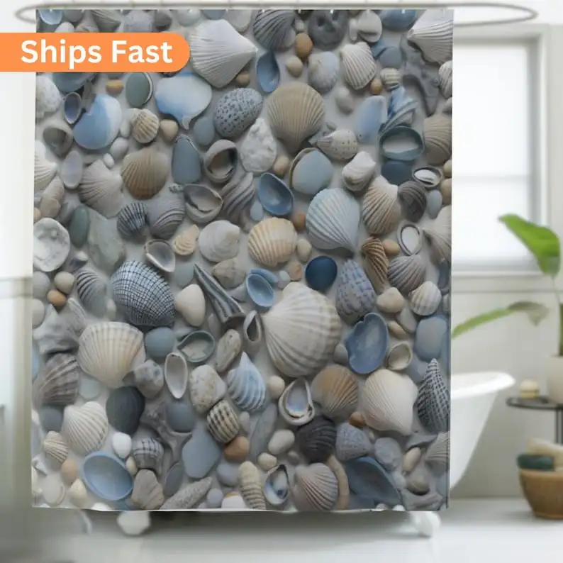Sea Shell Shower Curtain Abstract Beach Aesthetic Bathroom Decor Water Resistant Polyester Shell Pattern