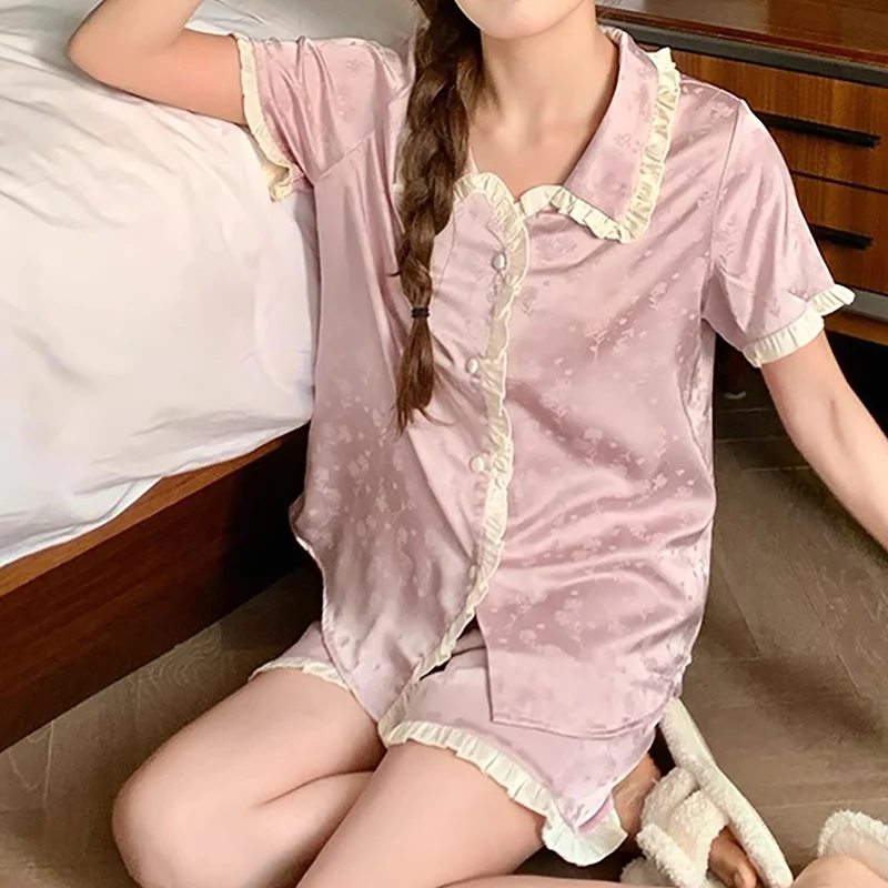 2 Piece Women Set Summer Short Sleeve Pajamas for Woman Silk Fashion Sleepwear Lotus leaf edge jacquard Sexy Satin Pajama Set