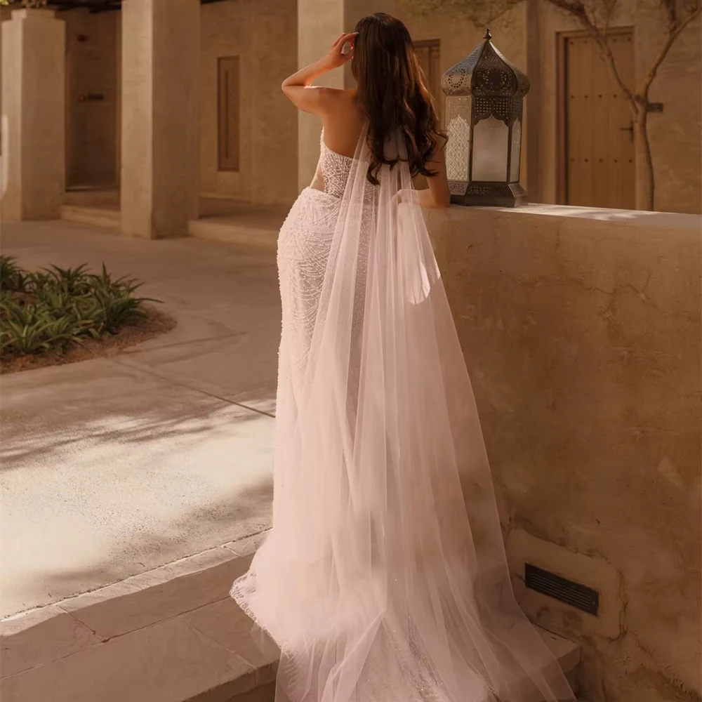 Customized Luxury Sexy Open Back Mermaid  Wedding Dresses For Women Bride Scoop  Sleeveless Cape  Floor Length Robe Bridal Gown
