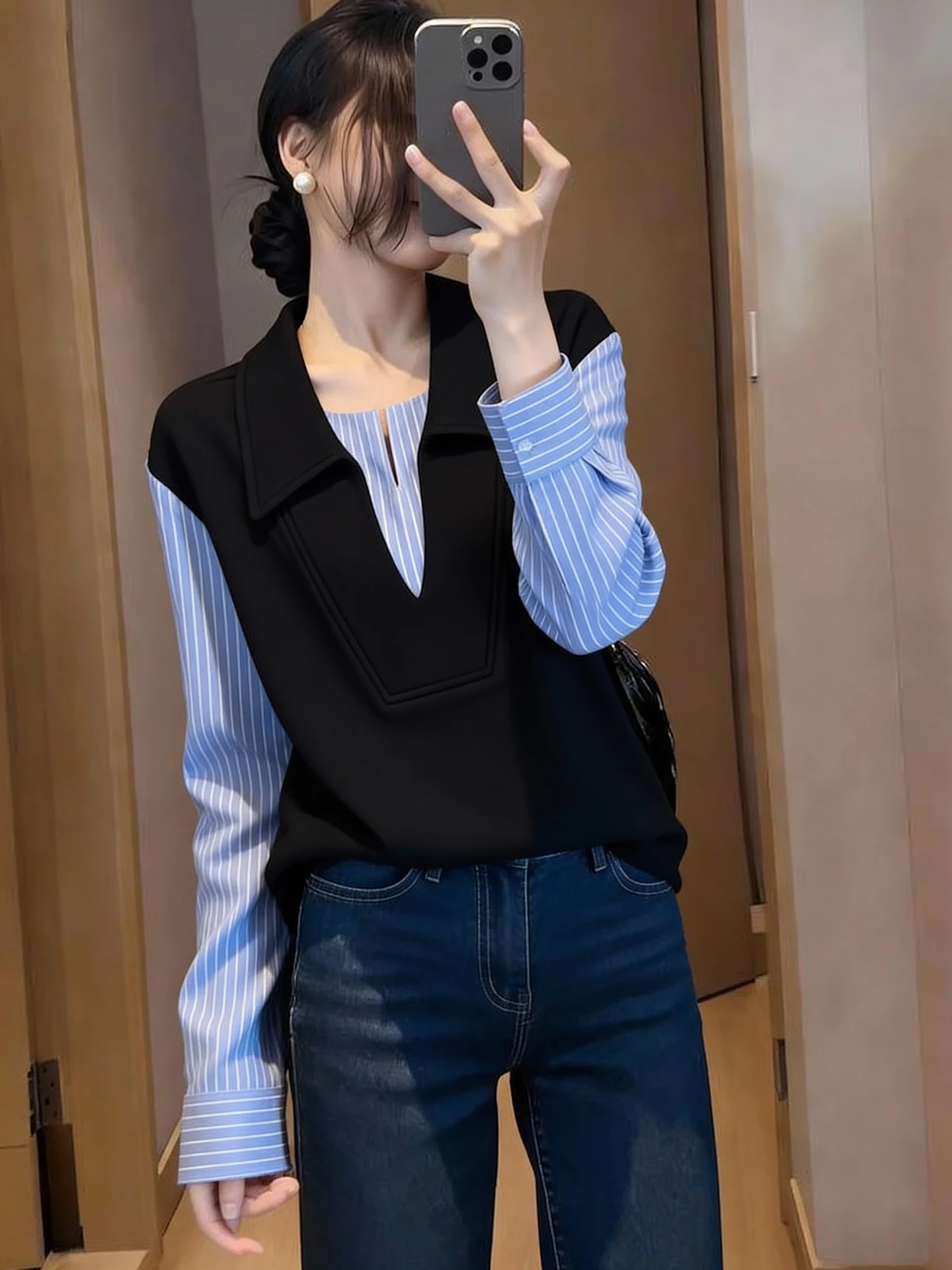 

Comfortable Striped Long Sleeve Shirt Simple Design Spring Commute Fashionable Top Elegant Long Sleeve Versatile Blouse