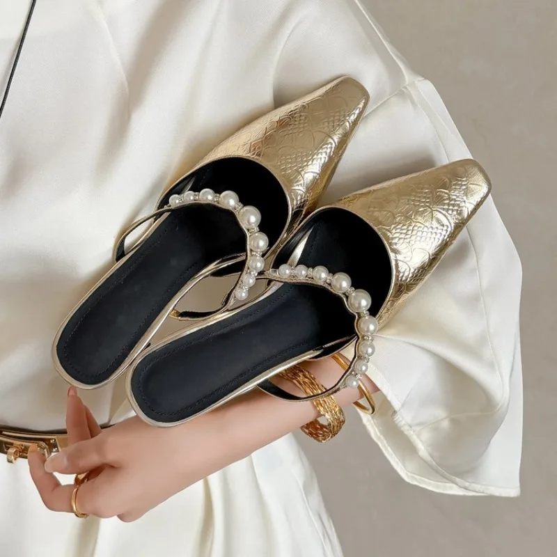 Elegant Pearl Pointed Toe High Heel White Mules Slippers Women 2026 Summer Luxury Leather Slip On Sandals Woman's Dress Shoes