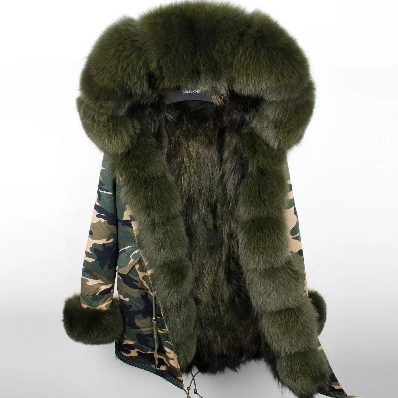 Ladies Parkas Hooded Real Fur Coat Fur Lining Cuff Winter Warm Fashion Luxury Fur Coat Women