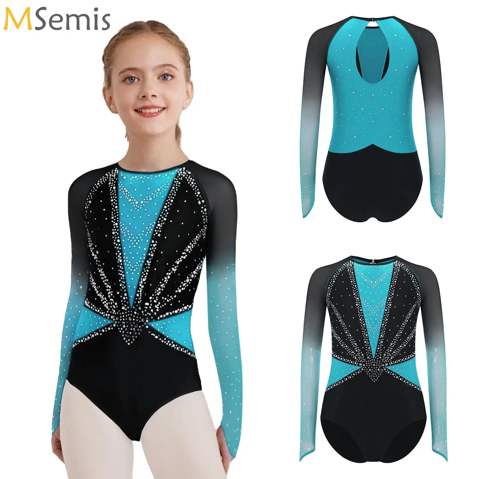 

Kids Girls Gymnastics Figure Skating Dance Costume Sheer Mesh Long Sleeves Keyhole Back Shiny Rhinestones Lyrical Ballet Leotard