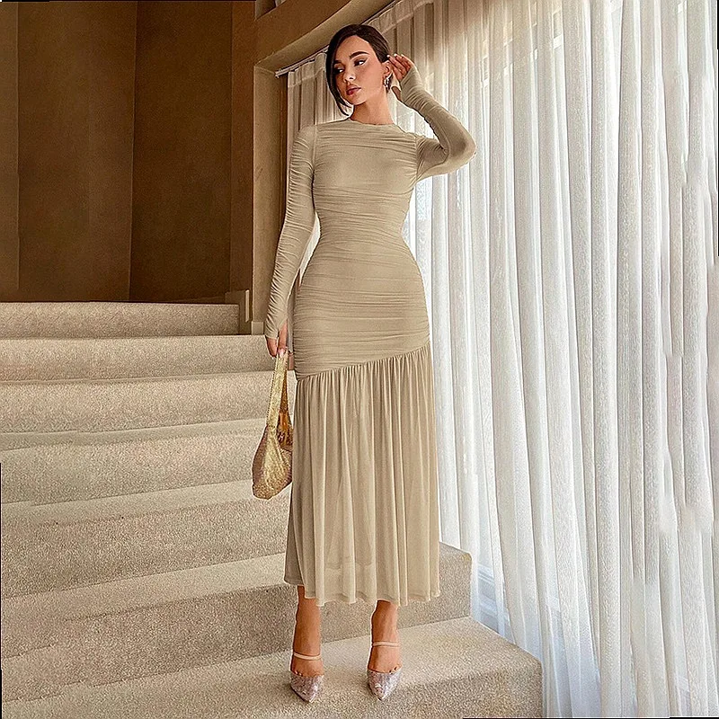 Women Elegant Lace Ruffle Round Neck Solid Color Dress Dresses Spring Summer