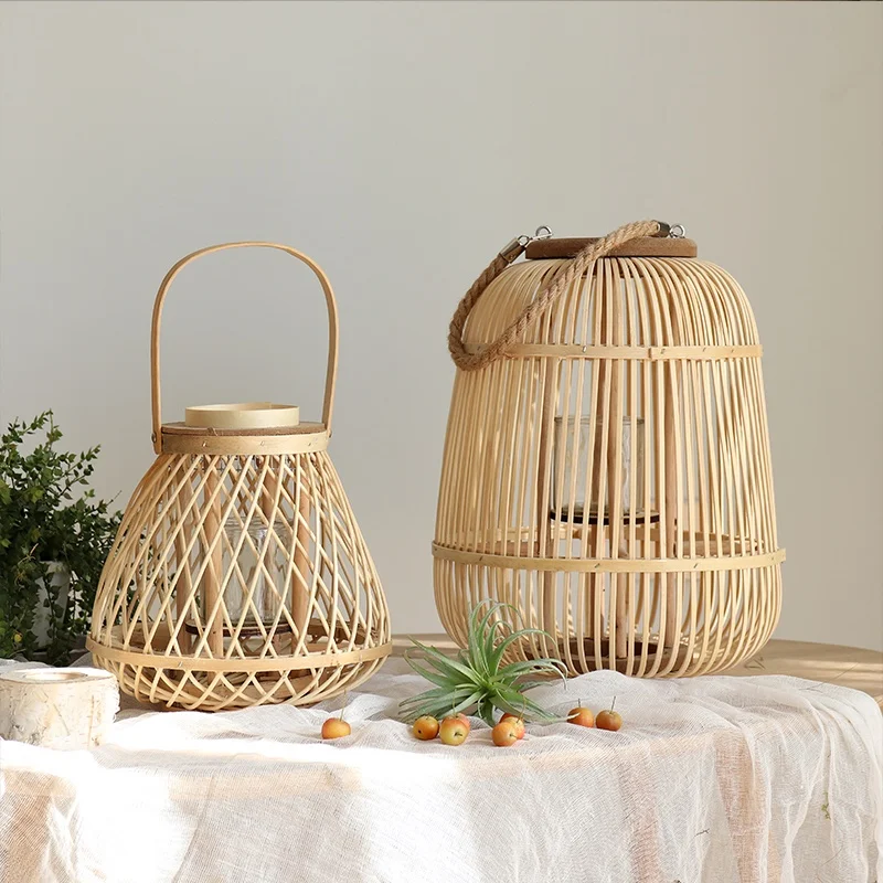Creative Bamboo Wicker Lantern Candlestick Floor Standing Hanging Home Decor Sample Room Homestay Hotel Dining Table Decoration