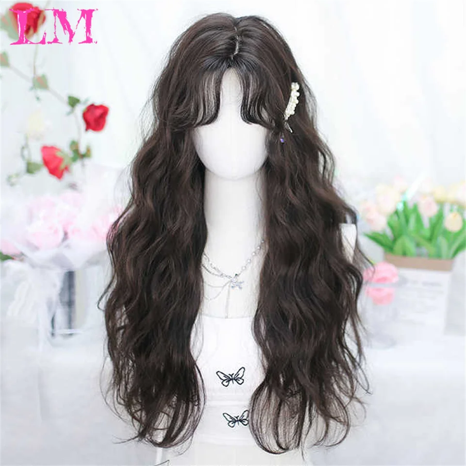 LM Brown Ash Long Deep Wave Hair Lolita Wigs With Bangs Synthetic Wig For Women Fashion Thick Curls Wigs Girl
