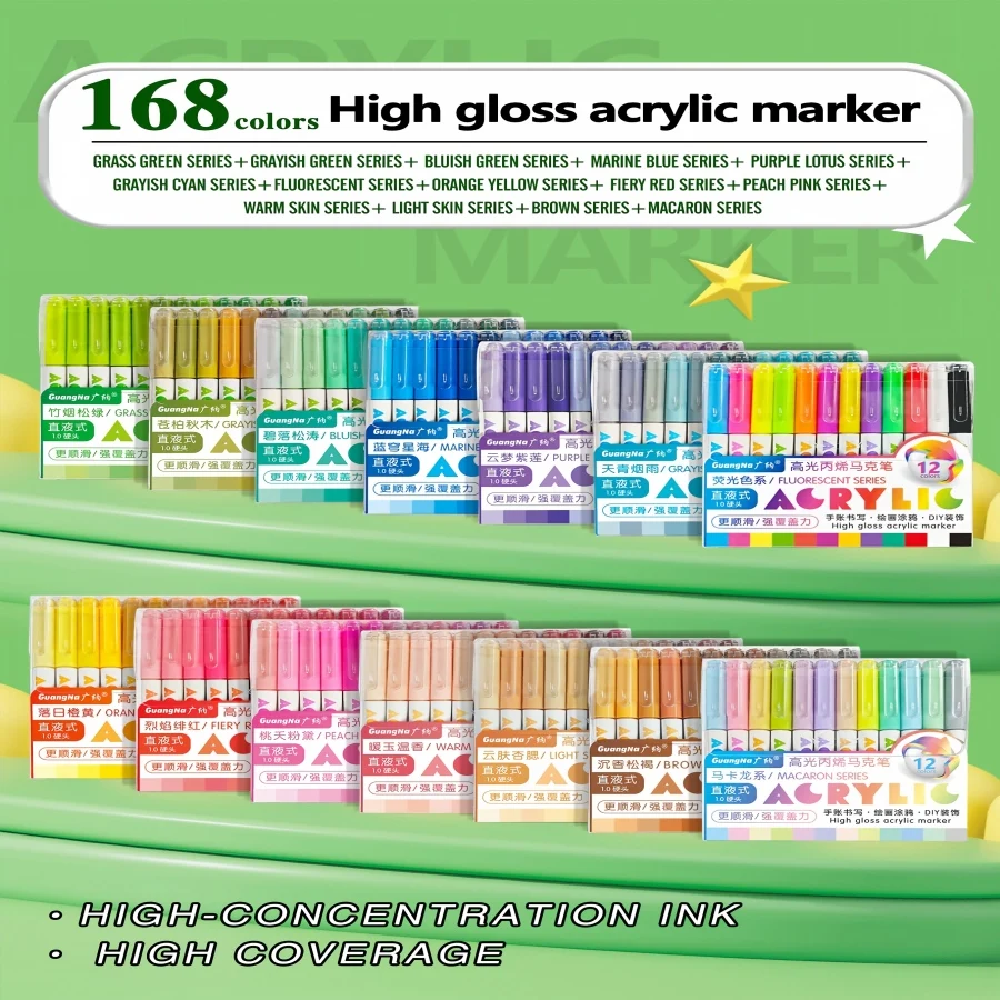 1 Piece of 12-Color/72-Color/168-Color/288-Color High-Gloss Acrylic Marker Set with High Coverage and Rich Ink for Hand-Drawn Graffiti, DIY Shoe Painting, Stone Painting, Ceramic Painting, Photo Album, Student Art Draw