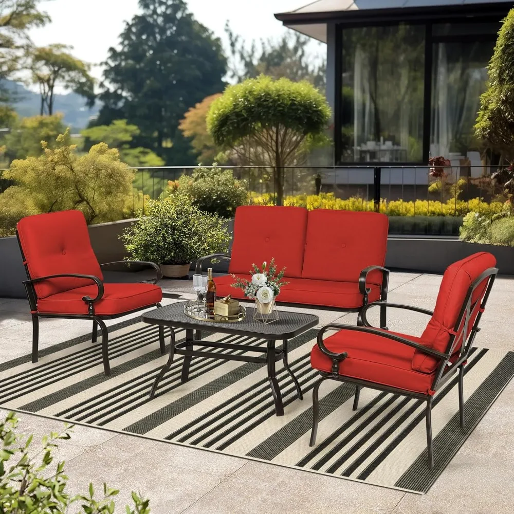

4-Piece Outdoor Metal Furniture Sets Patio Conversation Set Wrought Iron Loveseat, 2 Single Chairs, Coffee Table, Customized