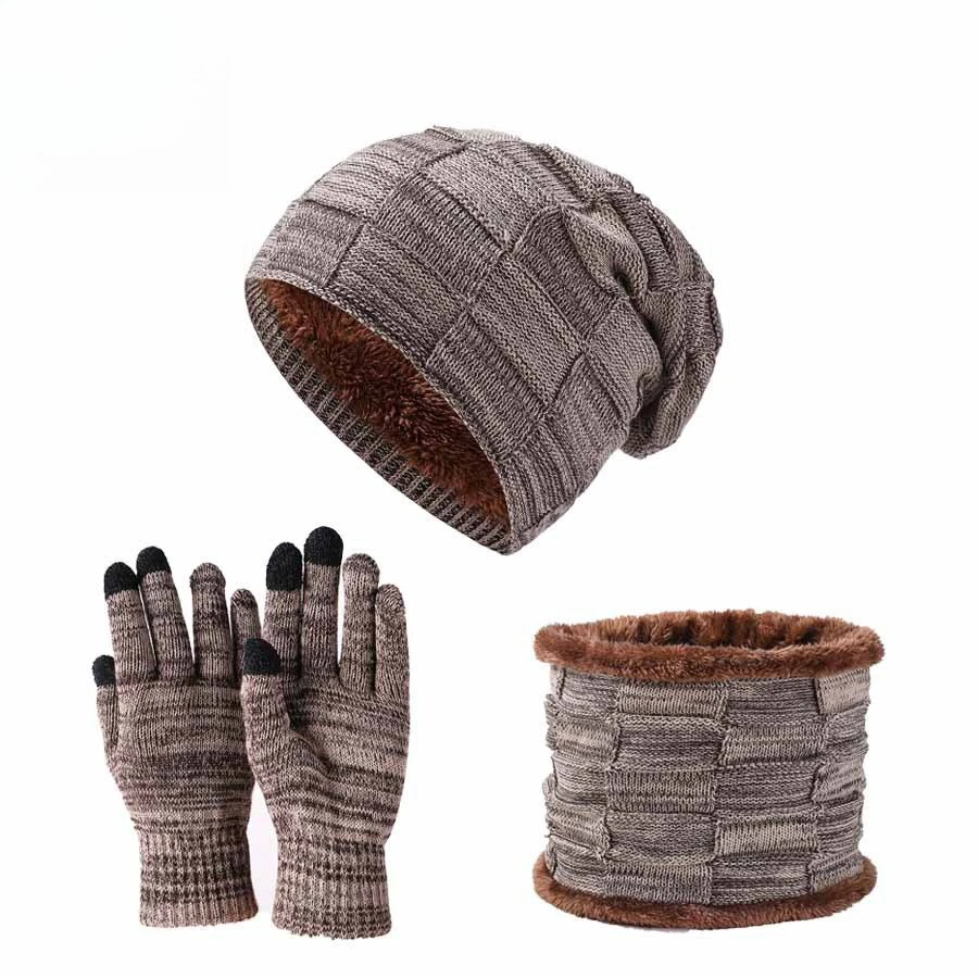 European and American Knitted Hats, Men's and Women's Fashion Warm, Fleece Thickened Hats, Scarves and Gloves Three-piece Set