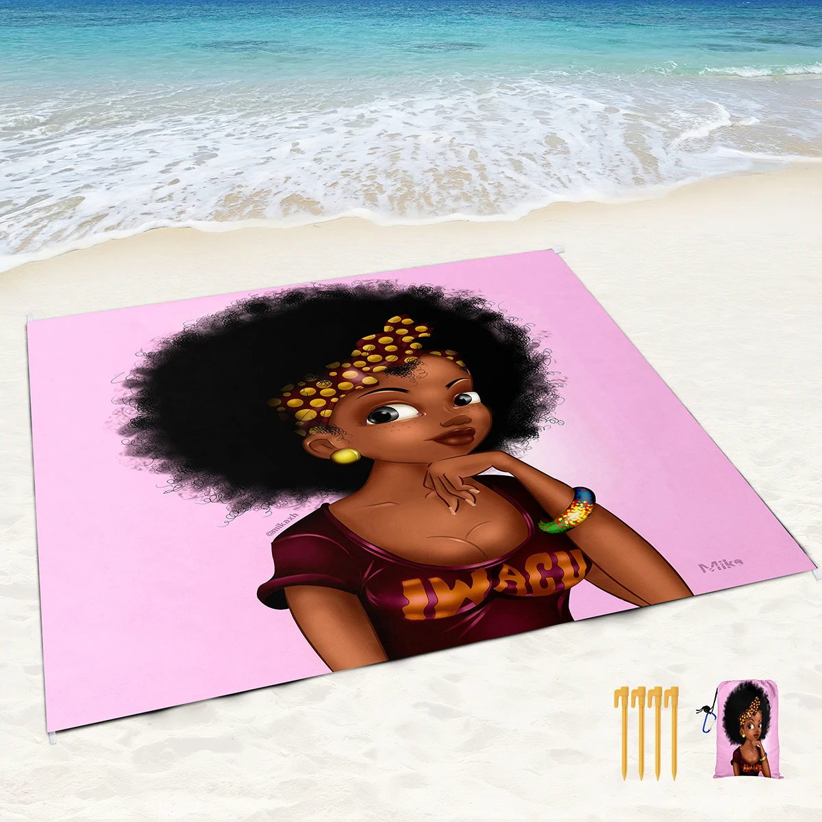 Extra Large Beach Blanket,African Girl Waterproof Sandproof Beach Mat,Lightweight Durable Picnic Carpet Quick Drying for Travel