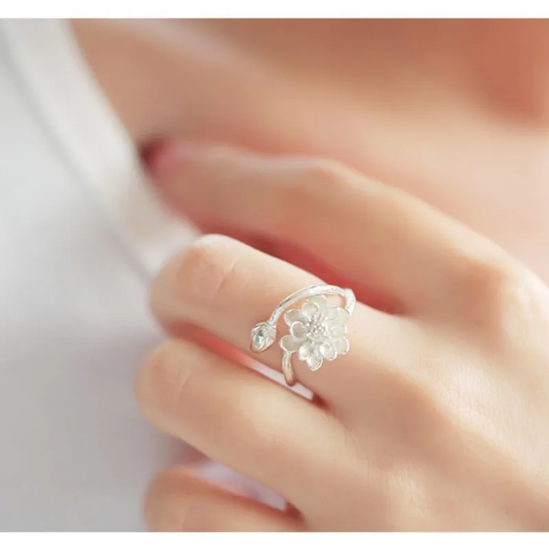 New Original Fine White Lotus Flower 925 Sterling Silver Jewelry Branch Opening Ring Fashion For Women  R040