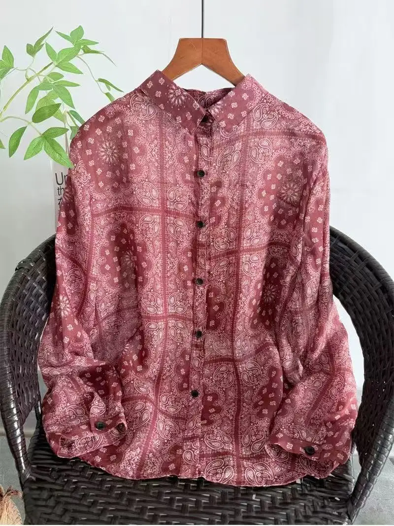 

Летняя женская одежда: 100% рамиевые рубашки для женщин, винтажные зеленые полосатые блузки, топы с длинными рукавами, винтажная одежда.