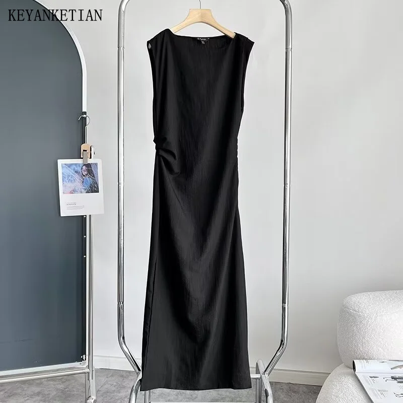 

KEYANKETIAN 2024 New Launch Women's Sleeveless Cotton Linen Dress French Style Pleated Decoration Slim Back Split MIDI Dress