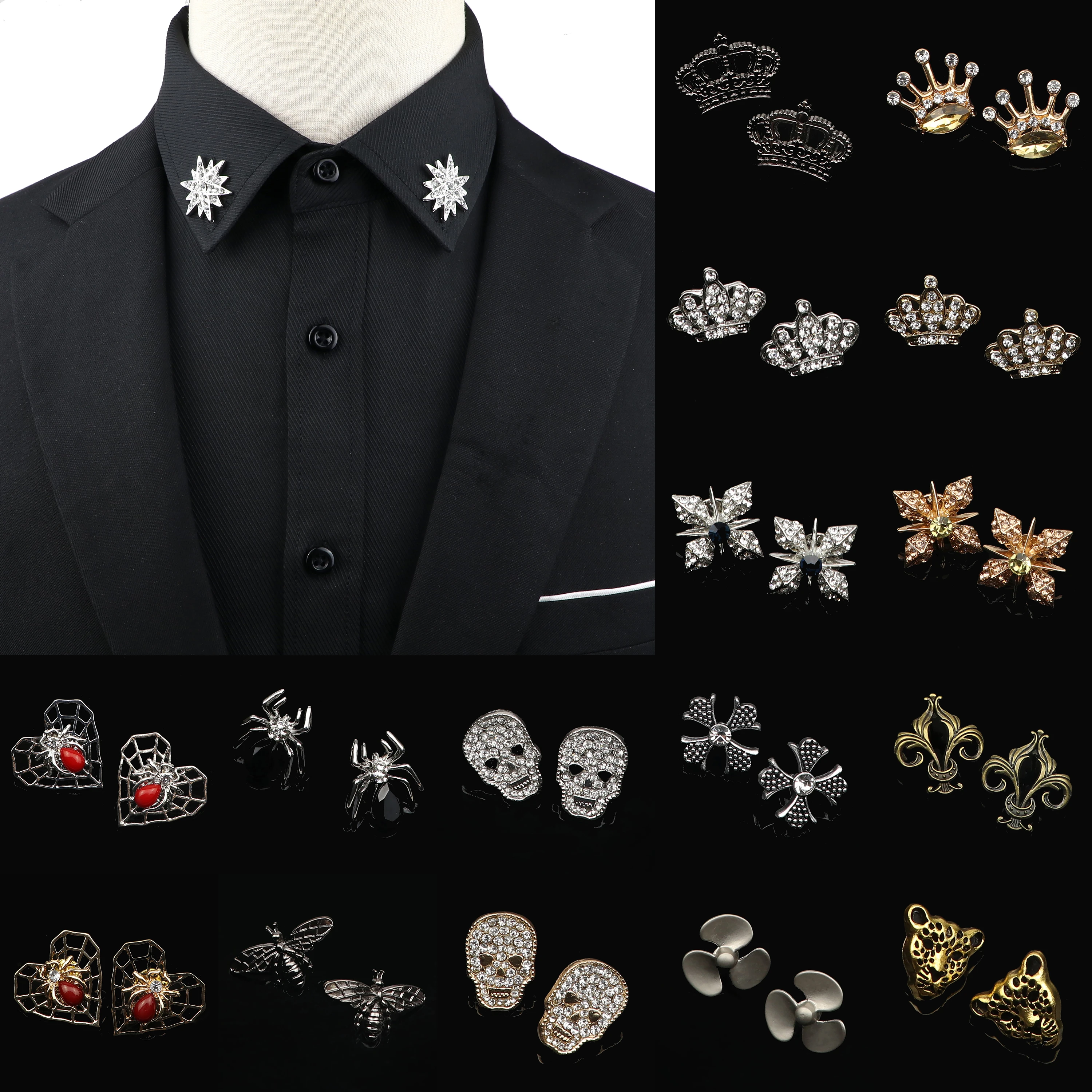 1 Pair Vintage Fashion Luxury Crown Brooch Skull Star Spider Shirt Collar Pin For Men Women Chic Corner Emblem Jewelry Accessory