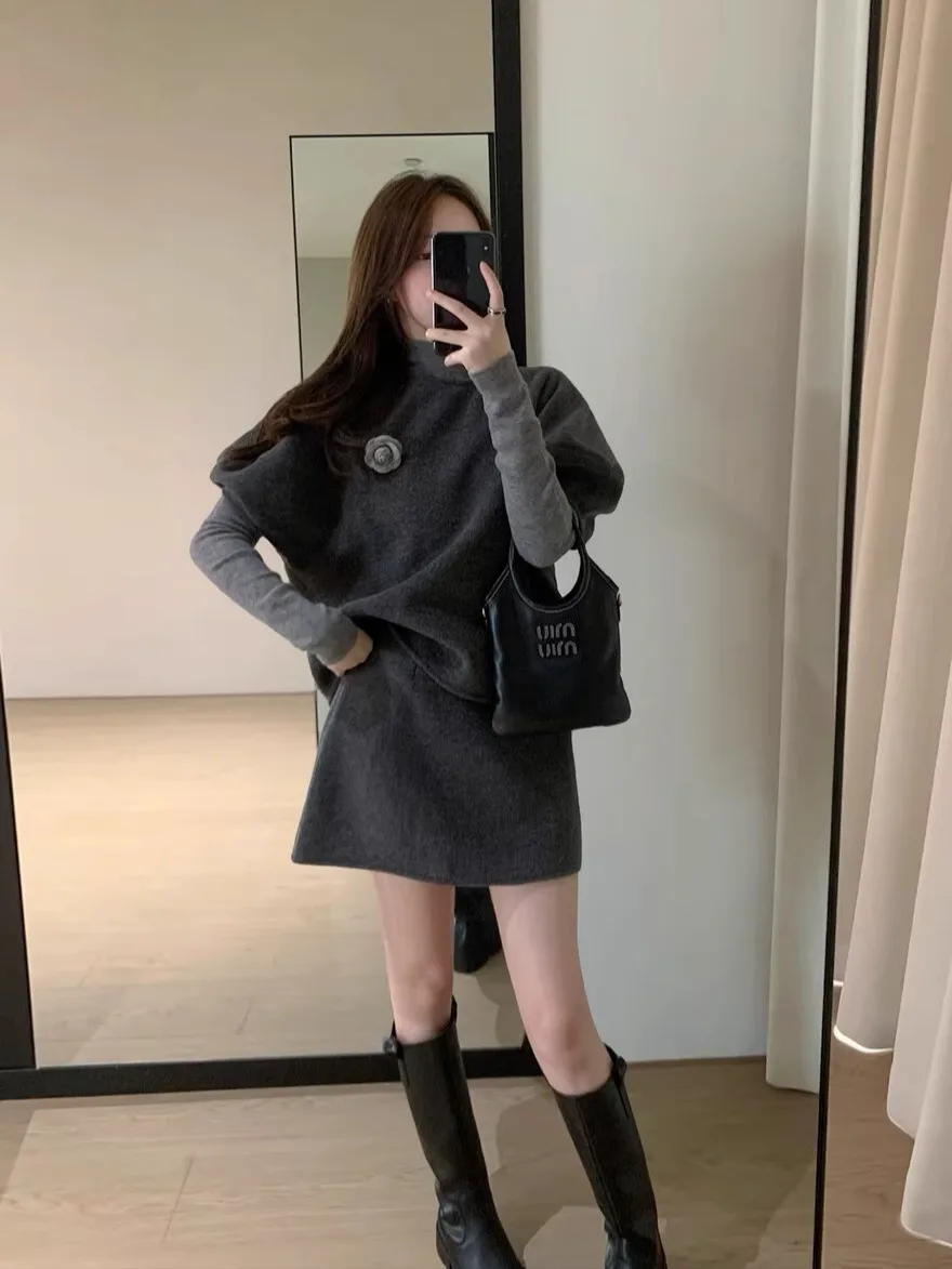 

Gray Series Korean Style Set Women's Autumn Winter Small Fragrance Wind 3pcs Combo Coat Vest Knitted Half Skirt Floral 3pc Set