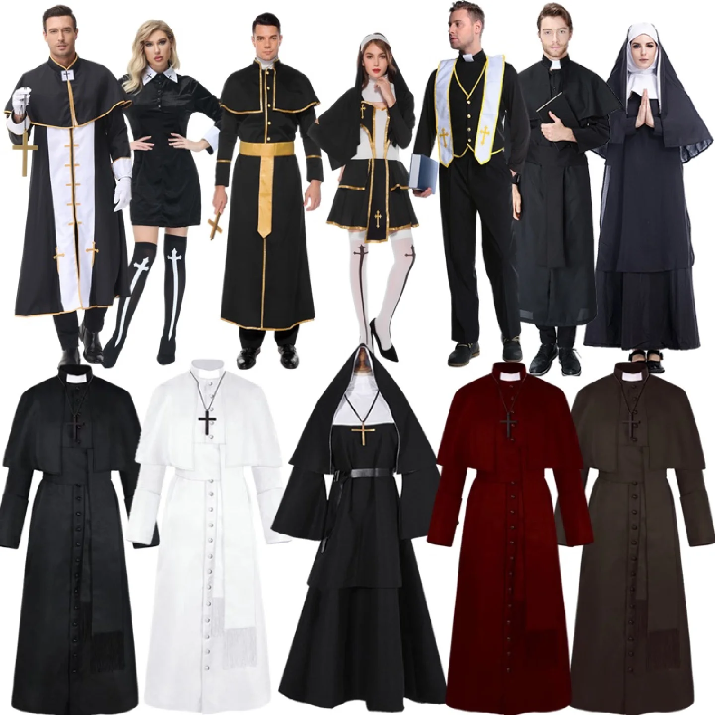 

Костюм монахини для Хэллоуина, мужской и женский, для ролевых игр, средневековый дизайн, без бренда, осенний