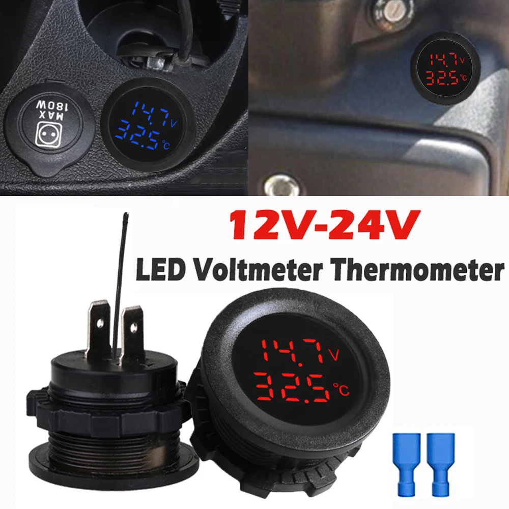 

12V-24V Round LED Digital Temperature Voltmeter Car Motorcycle Boat Voltage Real Time Display With Temperature Sensor