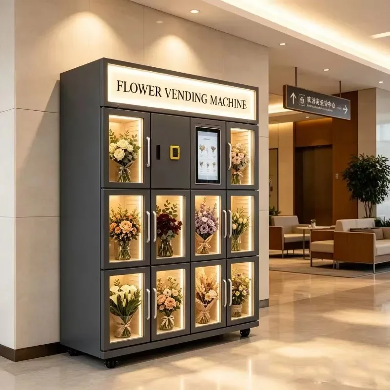 Self Selling Flower Vending Equipment Auto Close Door Save Power Free Custom Light Box Coin Bill Bank Card Payment for EU Market