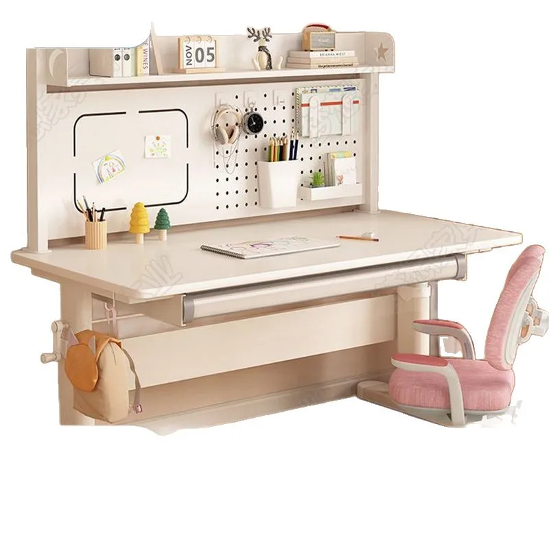 Children's Study Table Adjustable Pegboard Writing Table and Chair Set, Solid Wood Lift-Up Primary School Student Bedroom
