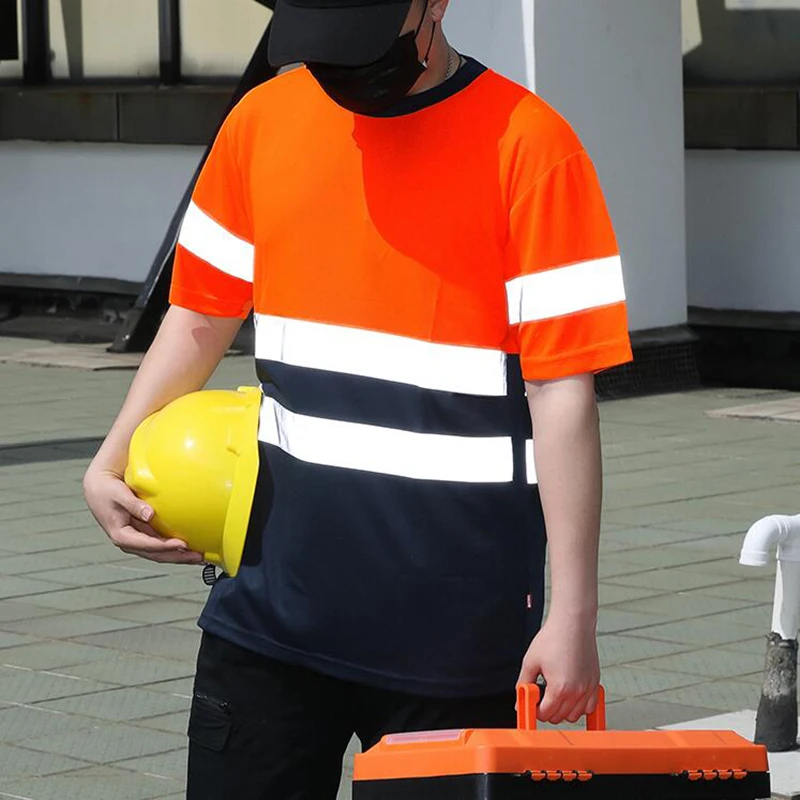 Logo Custom Hi Vis T Shirt Reflective Safety Lime Orange Short Sleeve High Visibility O-Neck Shirt Two Tone Workwear