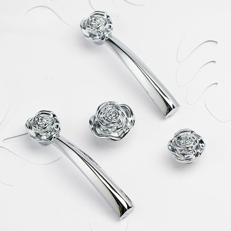 Rose Shape Solid Brass American Silver Rose Knob French Cabinet Handle Bright Chrome Wardrobe Door Handle Furniture Hardware