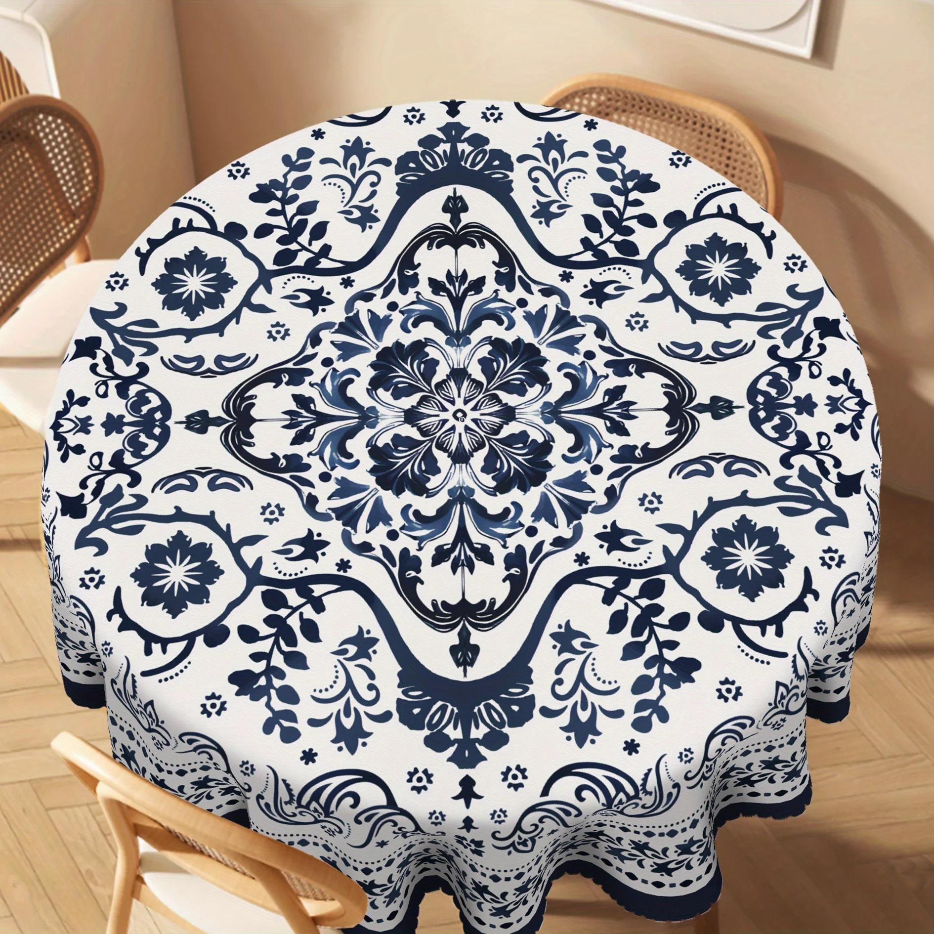 Bohemian tablecloth, featuring a vintage blue and white floral mosaic design, perfect for spring.zyc