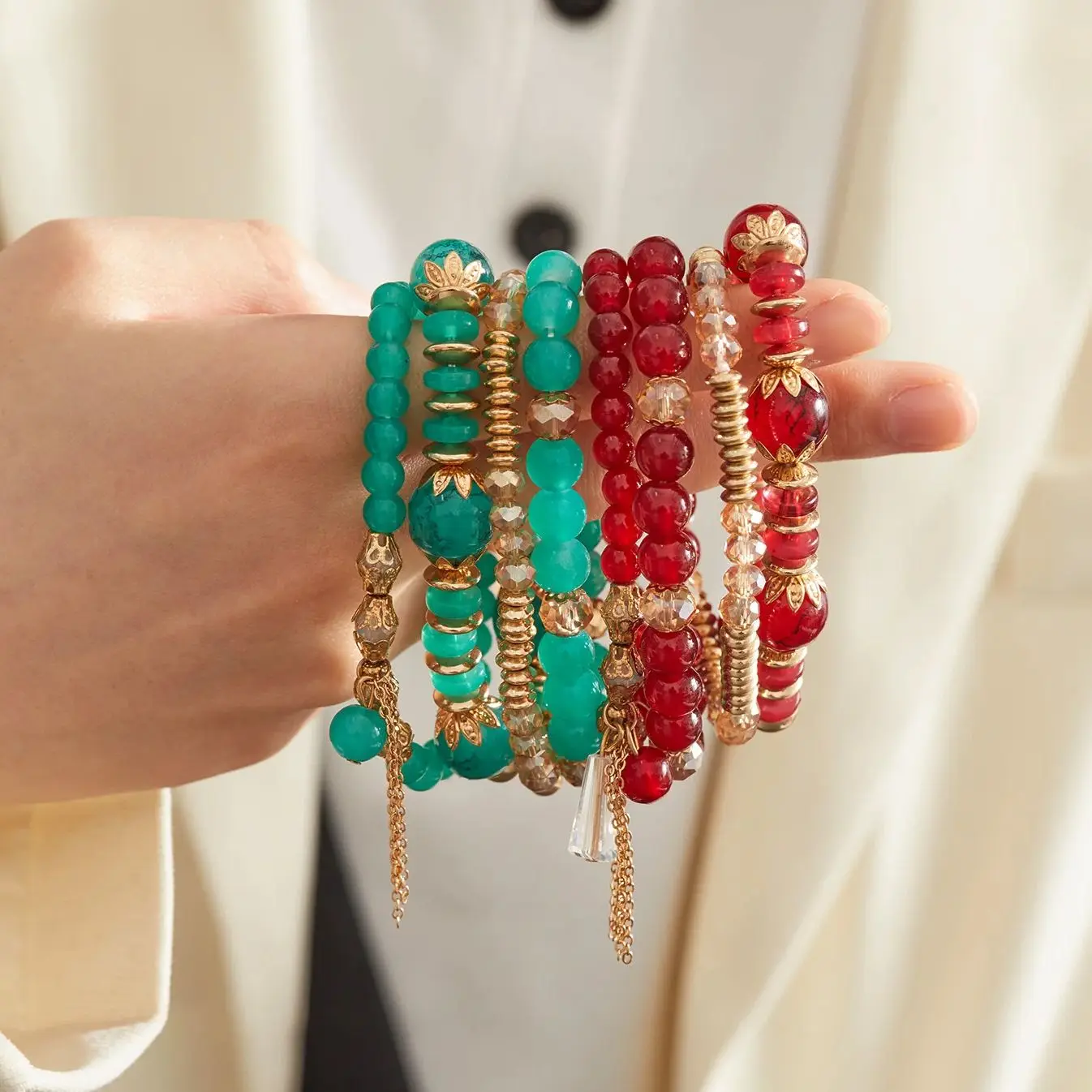 Böhmische mehrschichtige stapelbare Perlenarmbänder für Frauen, Vintage-Kristall-Tropfen-Stretch-Armreifen, Sommer-Strandparty-Schmuckgeschenk