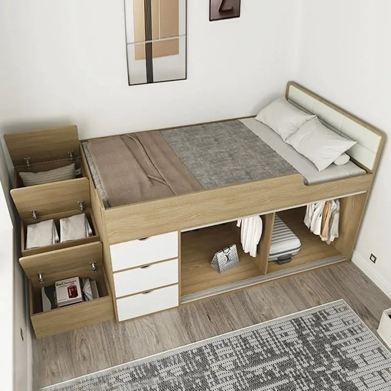 modern children's half-height bed single multi-functional storage solid wood storage bed small apartment wardrobe integrated