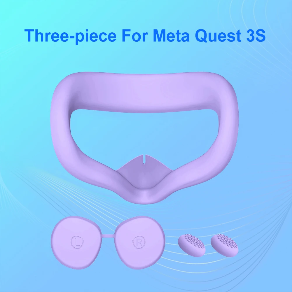 Silicone Cover Set Face Pad Cushion Sweat Proof Face Pad Cover with Len Cover & Thumb Stick Caps for Meta Quest 3S VR Headset