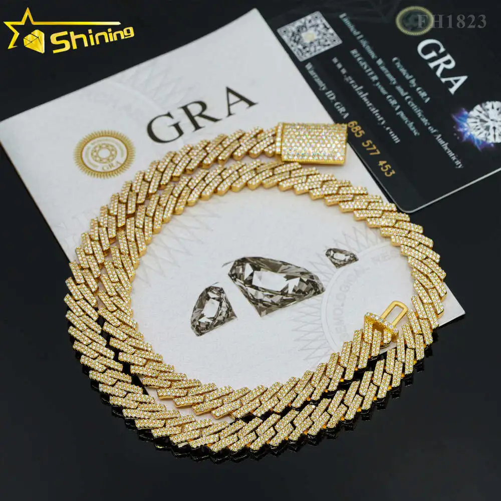 Hot Selling Pass Diamond Tester 925 Solid Silver 10mm Two Rows Iced Out Hip Hop Vvs Moissanite Cuban Link Chain Necklace