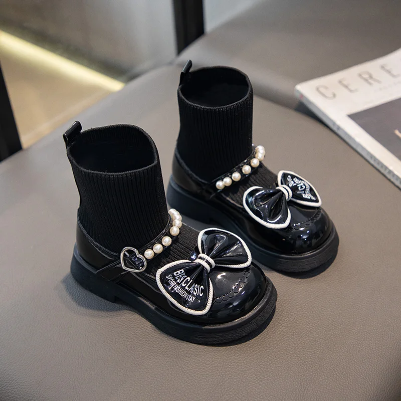 

Новинка 2023 года, ботинки-носки для девочек с бантом, детские модные ботильоны, нескользящие элегантные детские кожаные ботинки принцессы Детская Обувь