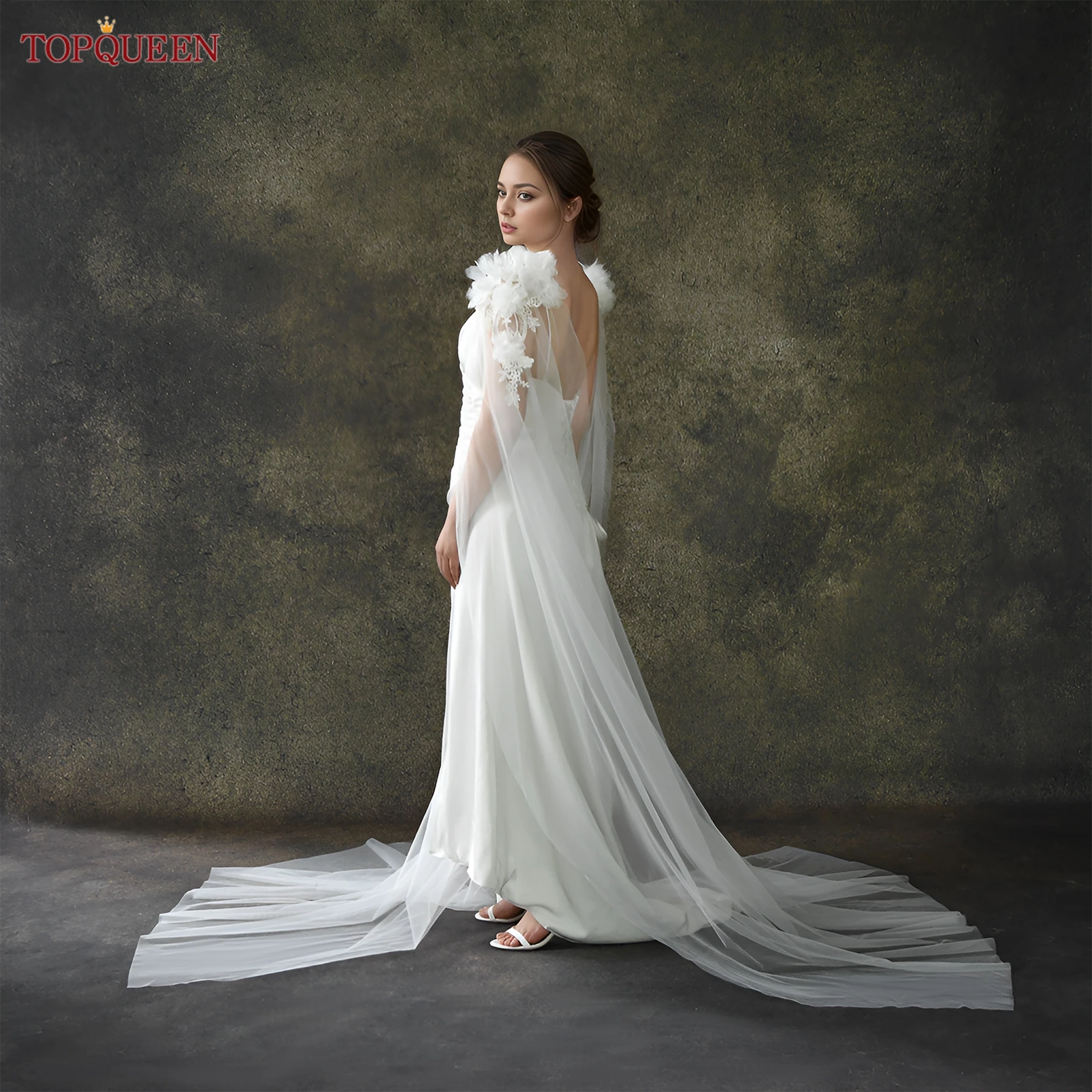 TOPQUEEN Vg118 Lace Flower Long White Flowing Shawl False Sleeves For Women Suitable For Dress Accessories Can Be Customized