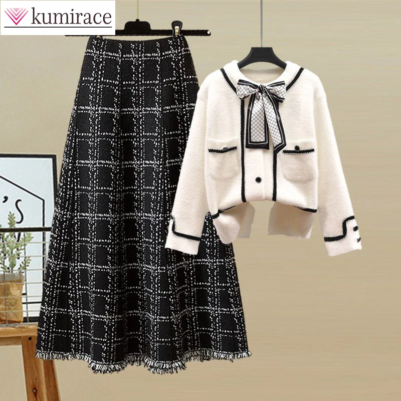 Large Women\'s Autumn Suit 2024 South Korea\'s New Fashion Bow Cardigan Plaid Skirt Two-piece Elegant Women\'s Skirt Suit