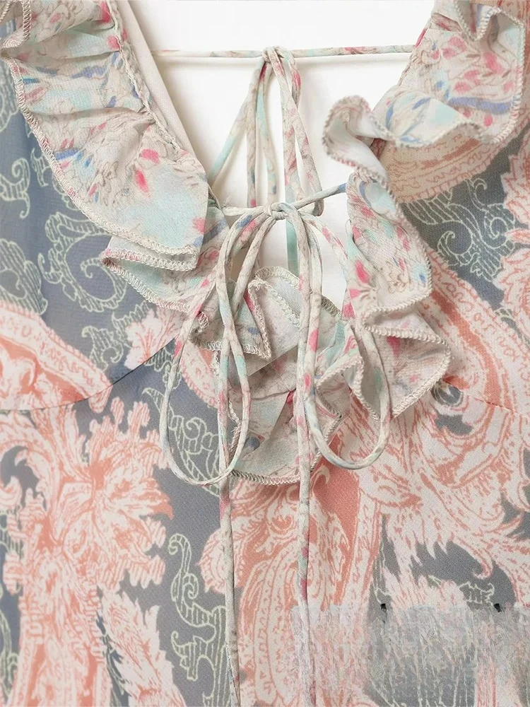 KONDALA Sexy Chic Women Dress Print Cami Sleeveless Backless Long Straight Vestidos New Fashion 2025 Summer Ruffles Female Dress