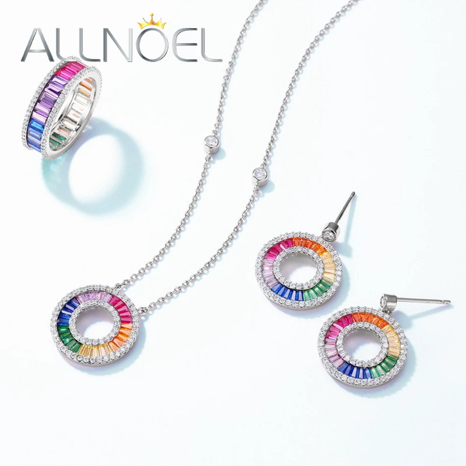 ALLNOEL 925 Sterling Silver Drop Earrings for Women Colorful 2.5*2.5mm Rainbow Zicron Full Circle Summer Party Gift Fine Jewelry