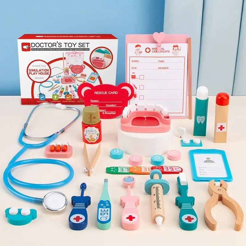 Madeira Pretend Play Acessórios de Enfermagem para Crianças, Doctor Role Play, Brinquedos Educativos, Estetoscópios Médicos, Presentes