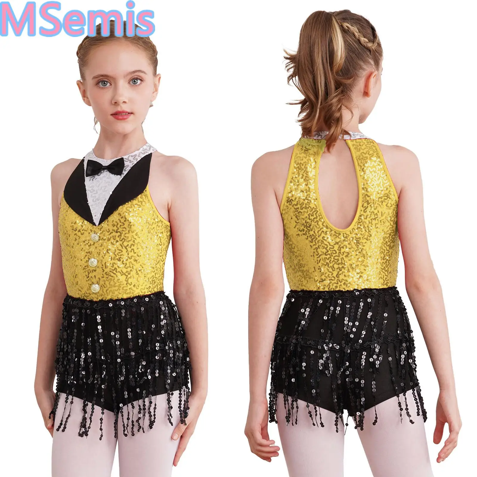 

Kids Girls Sequin Tassel Dance Dress Sleeveless Back Keyhole Boyshorts Sequin One-Piece Dancewear for Latin Jazz