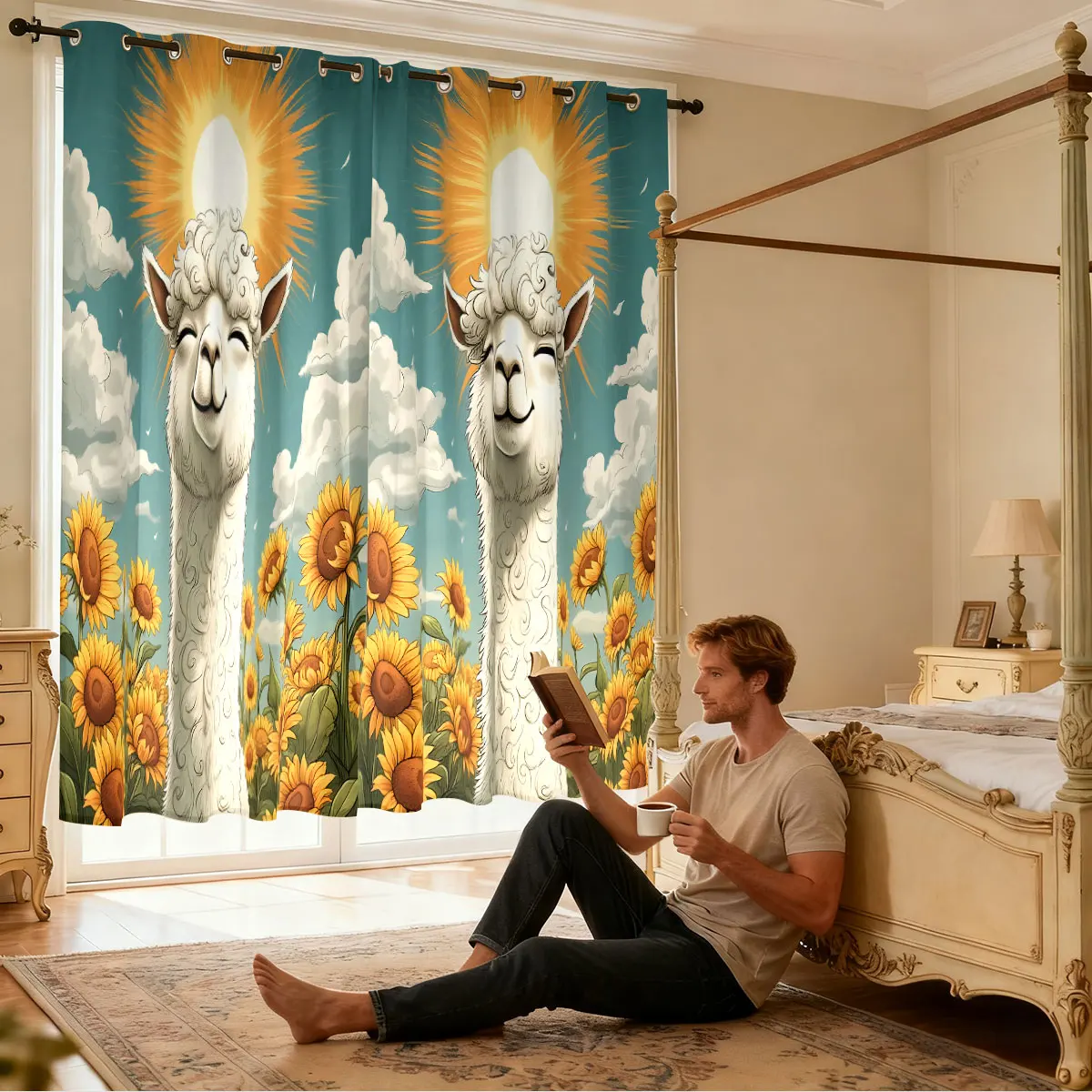 Warm Sun Alpaca Sunflower Ocean Floral Print Single Panel Loop Top Curtain 1PC, Hanging Door Curtain For Living Room Bedroom, view 6