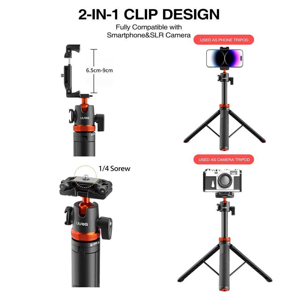 UURIG Extend Phone Tripod DSLR Camera Tripods 5 Section with Phone Mount Holder for Smartphone Mic Led Light Video Livestream