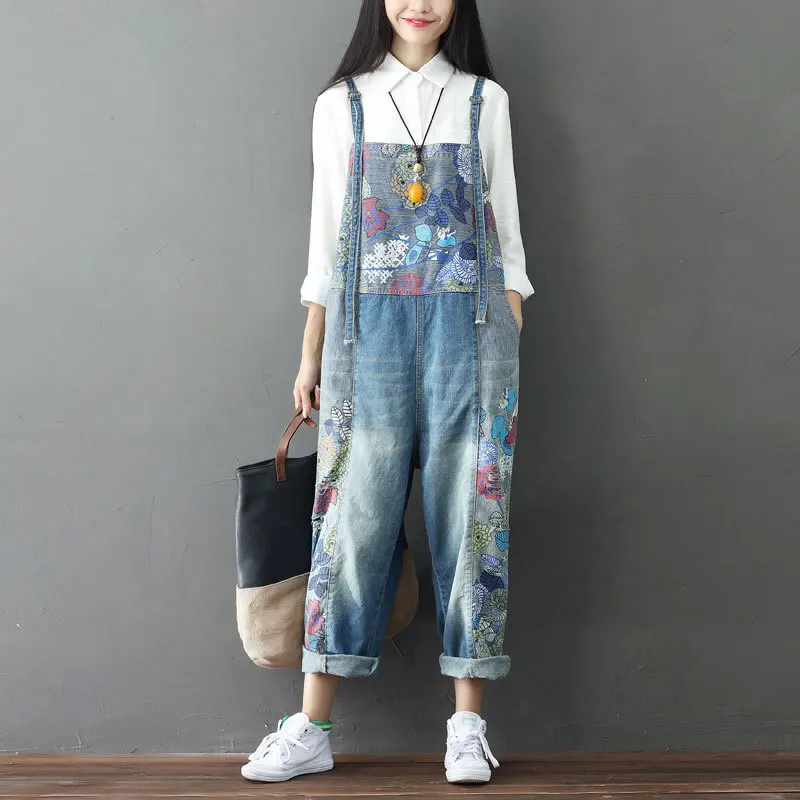 #1401 Vintage Floral Printed Denim Jumpsuits Women Wide Leg Denim Overalls Holes Spaghetti Strap Jeans Jumpsuit Ladies Loose 