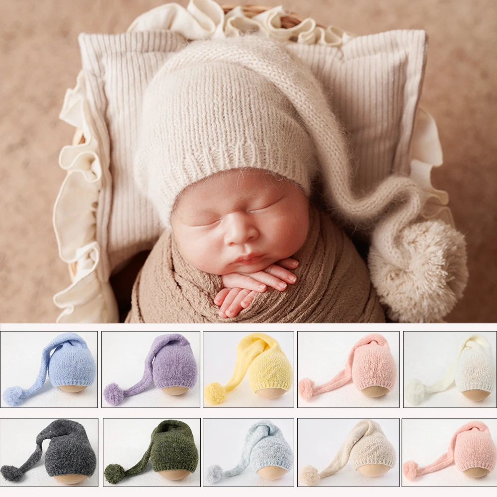 

Knitted Beanie Newborn Pom Pom Hat for Photography Props White Infant Girl Sleepy Hat Long Tail Newborn Bonnet Photo Accessories
