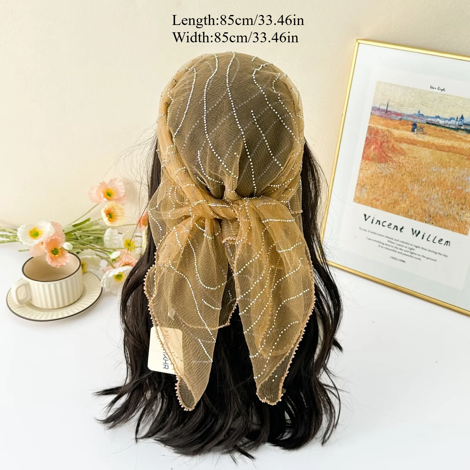 Women's Sheer Rhinestone Mesh Head Scarf, Glitter Wavy Line Tied Bandana, Soft Transparent Tulle Head Wrap for Daily Party Beach