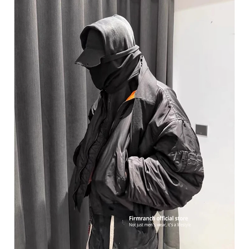 Firmranch New Short Winter Black Padded Bomber Jacket For Men Women Sleeved Hooded Thick Baseball Coat Street Outfits