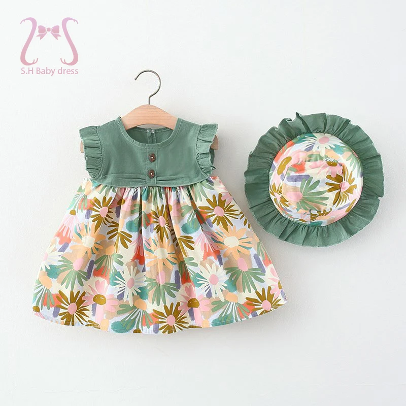 2Pcs/Set Baby Clothes Simple Trend Flower Dress For Girl Summer Kids Sleeveless Cool Children Costume Suit 0 To 3 Years Toddler