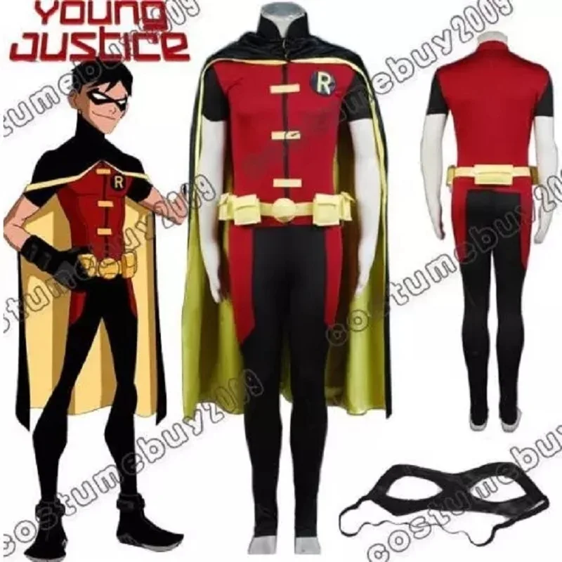 

Adult Young Justice Robin Costume Uniform Black Cloak Jumpsuit Cosplay Cape